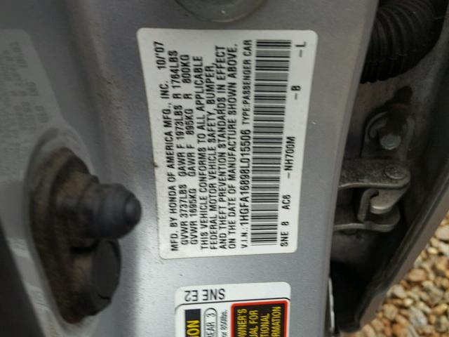 1HGFA16898L015506 - 2008 HONDA CIVIC EX SILVER photo 10