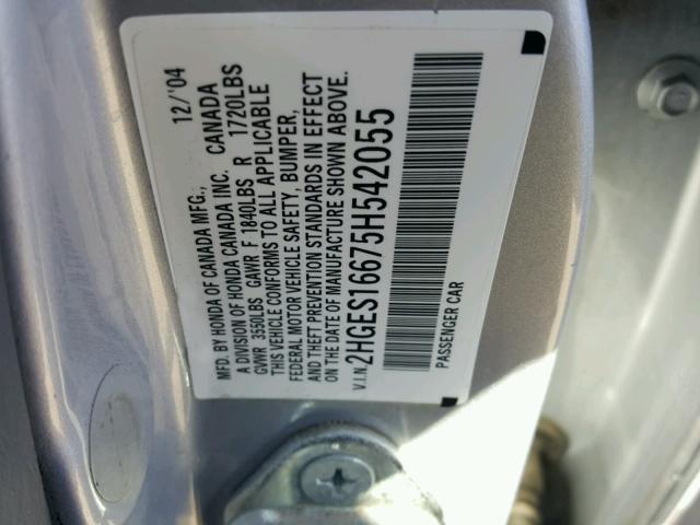 2HGES16675H542055 - 2005 HONDA CIVIC LX SILVER photo 10