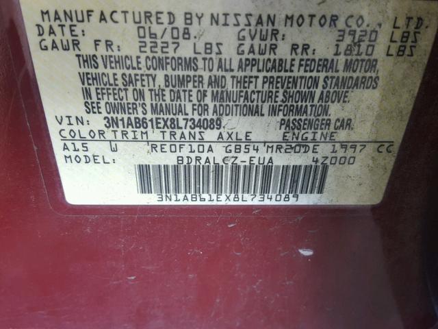 3N1AB61EX8L734089 - 2008 NISSAN SENTRA 2.0 RED photo 10