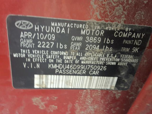 KMHDU46D99U750926 - 2009 HYUNDAI ELANTRA GL RED photo 10