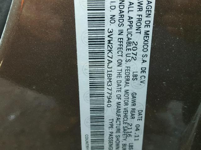 3VW2K7AJ1BM377940 - 2011 VOLKSWAGEN JETTA BASE ყავისფერი ფოტო 10