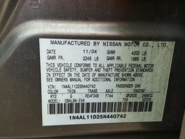 1N4AL11D25N440742 - 2005 NISSAN ALTIMA S GOLD photo 10