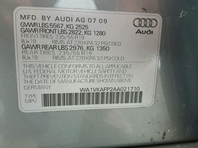 WA1VKAFP2AA021710 - 2010 AUDI Q5 PRESTIG SILVER photo 10