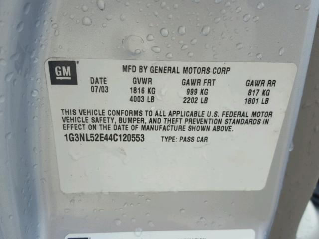 1G3NL52E44C120553 - 2004 OLDSMOBILE ALERO GL SILVER photo 10