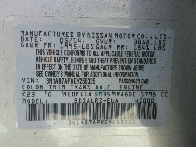 3N1AB7APXEY258335 - 2014 NISSAN SENTRA S SILVER photo 10