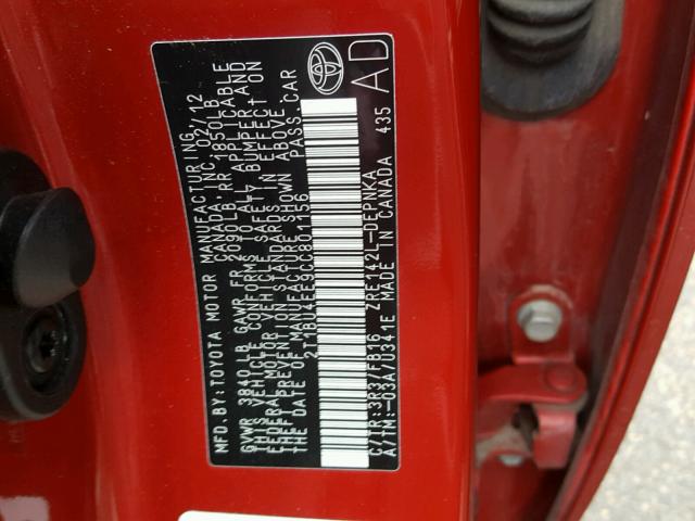 2T1BU4EE9CC801156 - 2012 TOYOTA COROLLA BA RED photo 10