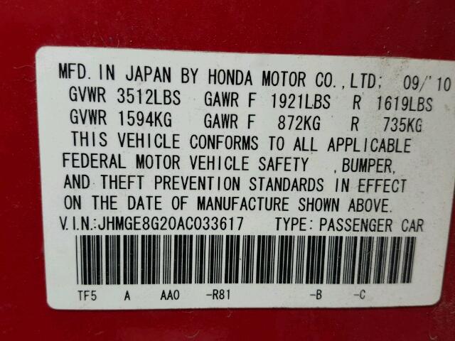 JHMGE8G20AC033617 - 2010 HONDA FIT Կարմիր լուսանկար 10