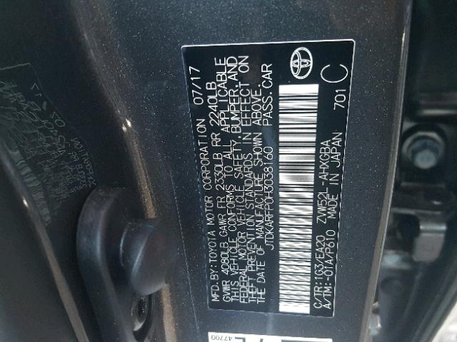 JTDKARFP0H3038160 - 2017 TOYOTA PRIUS PRIM ნაცრისფერი ფოტო 10