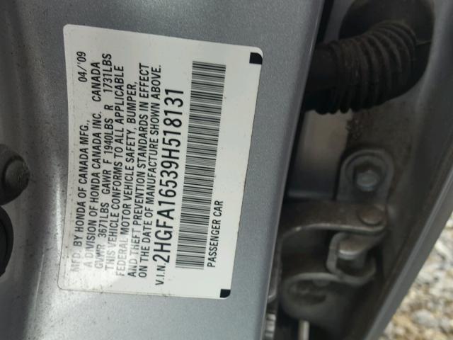 2HGFA16539H518131 - 2009 HONDA CIVIC LX SILVER photo 10