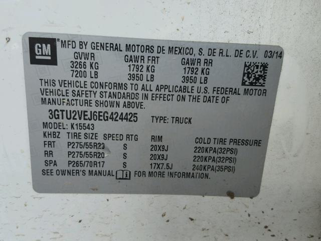 3GTU2VEJ6EG424425 - 2014 GMC SIERRA K15 WHITE photo 10