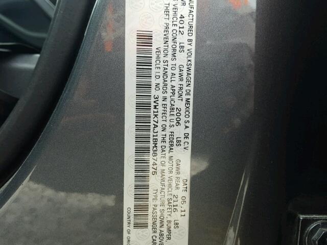 3VW1K7AJ1BM387475 - 2011 VOLKSWAGEN JETTA BASE GRAY photo 10