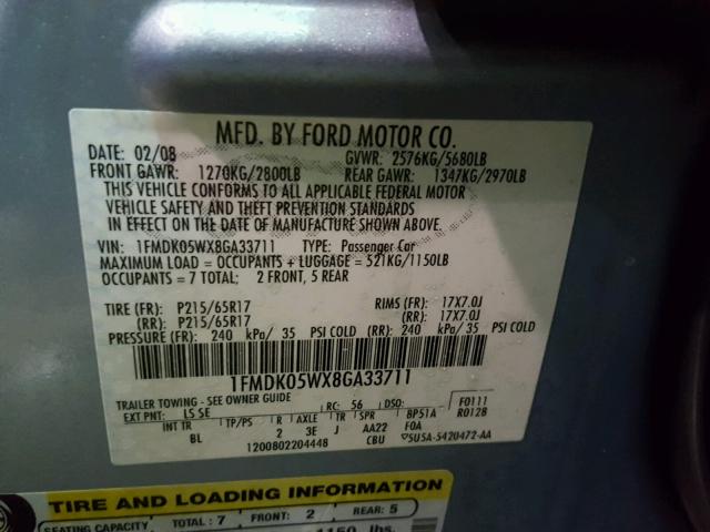 1FMDK05WX8GA33711 - 2008 FORD TAURUS X S BLUE photo 10