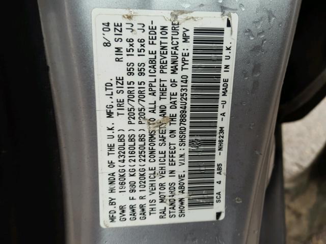 SHSRD78894U253140 - 2004 HONDA CR-V EX SILVER photo 10