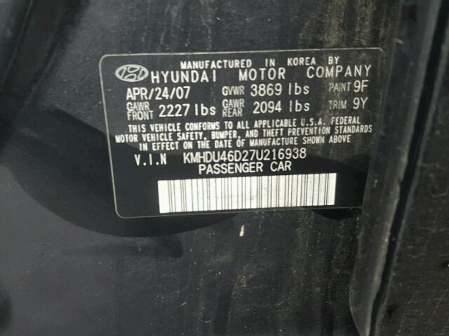 KMHDU46D27U216938 - 2007 HYUNDAI ELANTRA GL BLACK photo 10