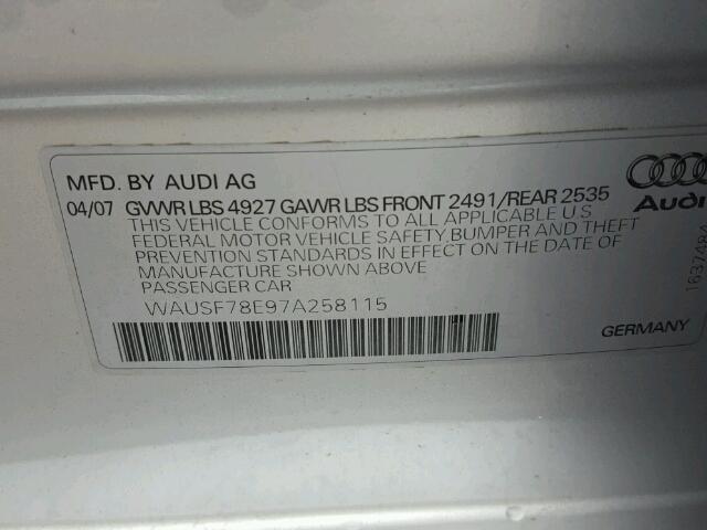 WAUSF78E97A258115 - 2007 AUDI A4 S-LINE SILVER photo 10