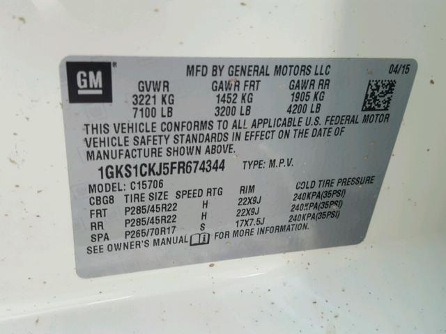 1GKS1CKJ5FR674344 - 2015 GMC YUKON DENA WHITE photo 10