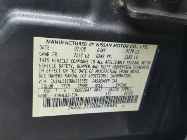 1N4AL21E08N556685 - 2008 NISSAN ALTIMA 2.5 GRAY photo 10