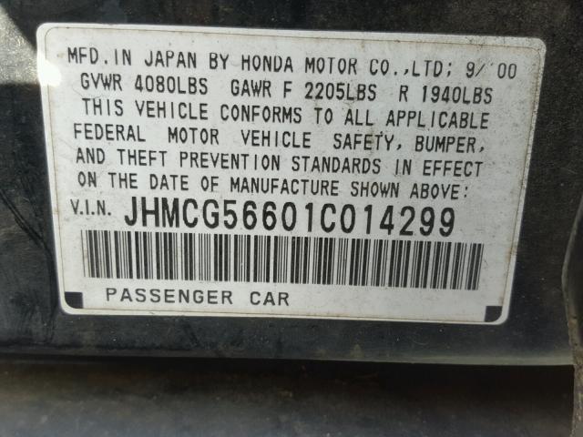 JHMCG56601C014299 - 2001 HONDA ACCORD EX GREEN photo 10