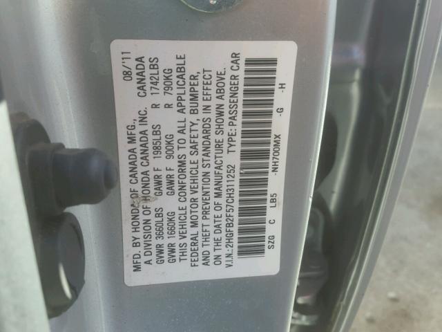 2HGFB2F57CH311252 - 2012 HONDA CIVIC LX SILVER photo 10