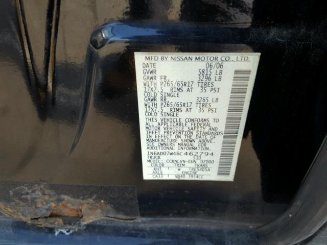 1N6AD07W46C462794 - 2006 NISSAN FRONTIER C BLACK photo 10