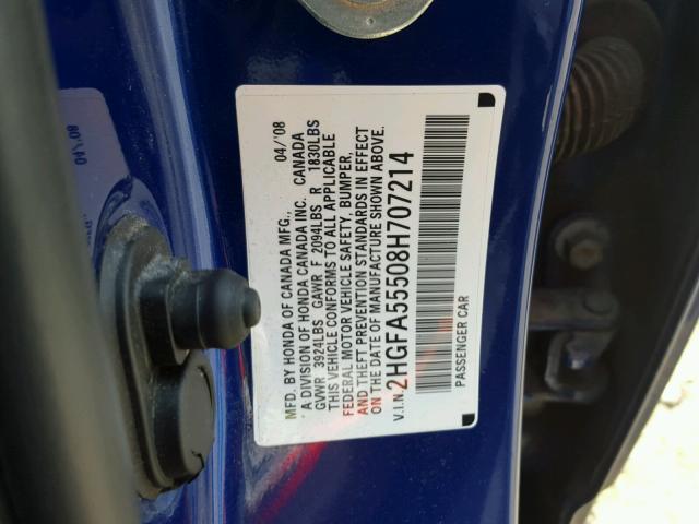 2HGFA55508H707214 - 2008 HONDA CIVIC SI BLUE photo 10