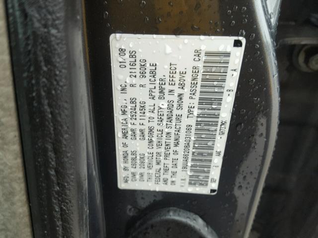 19UUA66208A031069 - 2008 ACURA TL GRAY photo 10