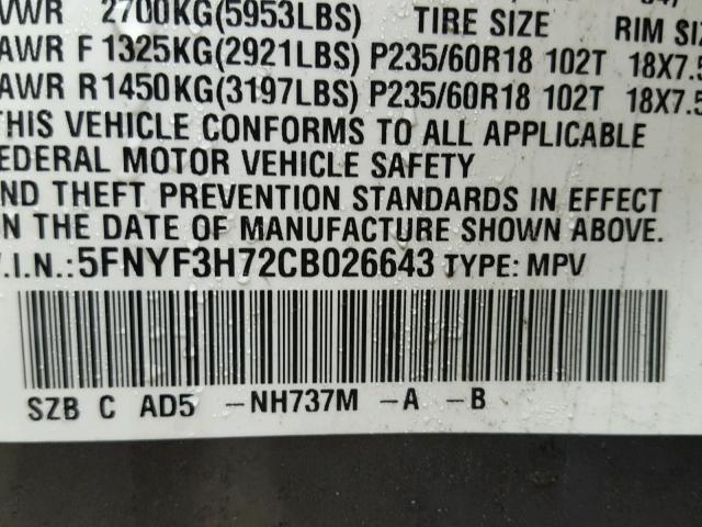 5FNYF3H72CB026643 - 2012 HONDA PILOT EXLN GRAY photo 10