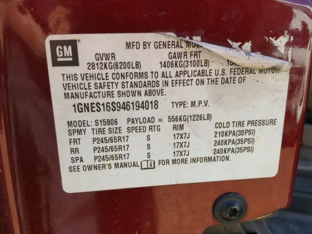 1GNES16S946194018 - 2004 CHEVROLET TRAILBLAZE BURGUNDY photo 10