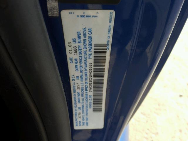 3VWCD21C33M431663 - 2003 VOLKSWAGEN NEW BEETLE 蓝色 照片 10