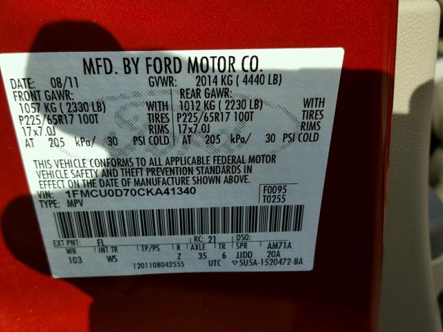 1FMCU0D70CKA41340 - 2012 FORD ESCAPE XLT RED photo 10