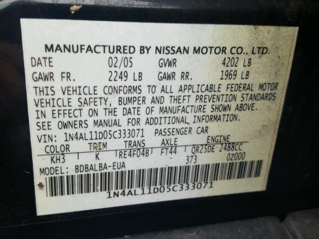 1N4AL11D05C333071 - 2005 NISSAN ALTIMA S BLACK photo 10