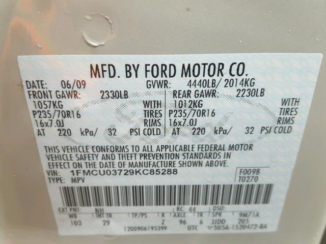 1FMCU03729KC85288 - 2009 FORD ESCAPE XLT SILVER photo 10