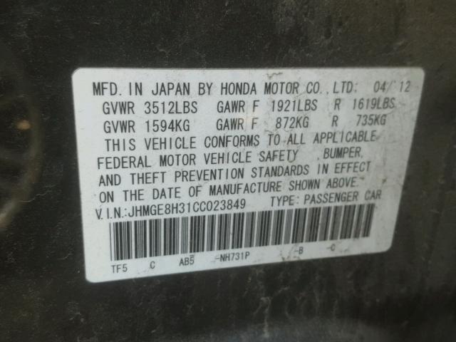 JHMGE8H31CC023849 - 2012 HONDA FIT BLACK photo 10