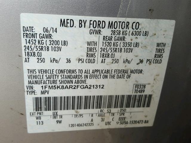 1FM5K8AR2FGA21312 - 2015 FORD EXPLORER P SILVER photo 10