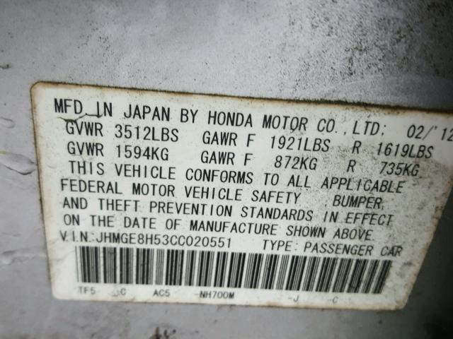 JHMGE8H53CC020551 - 2012 HONDA FIT SPORT SILVER photo 10