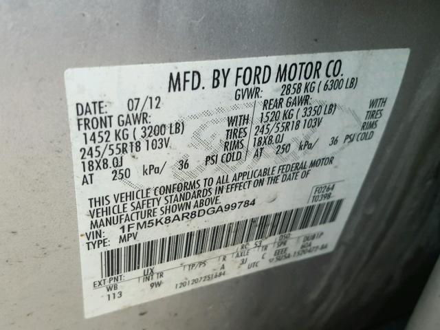 1FM5K8AR8DGA99784 - 2013 FORD EXPLORER P SILVER photo 10