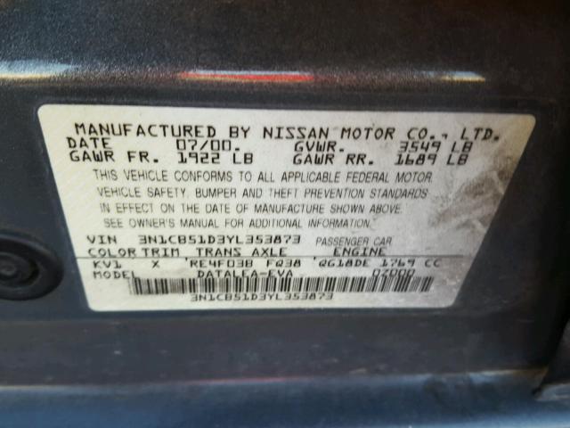 3N1CB51D3YL353873 - 2000 NISSAN SENTRA BAS GRAY photo 10