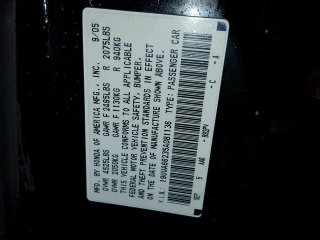 19UUA66235A081136 - 2005 ACURA TL BLACK photo 10