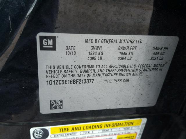 1G1ZC5E16BF213377 - 2011 CHEVROLET MALIBU 1LT 黑色 照片 10