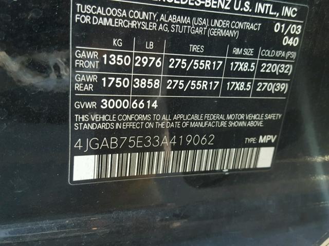 4JGAB75E33A419062 - 2003 MERCEDES-BENZ ML 500 BLACK photo 10