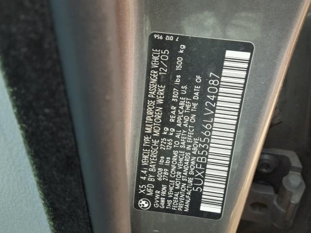 5UXFB53566LV24087 - 2006 BMW X5 4.4I GRAY photo 10