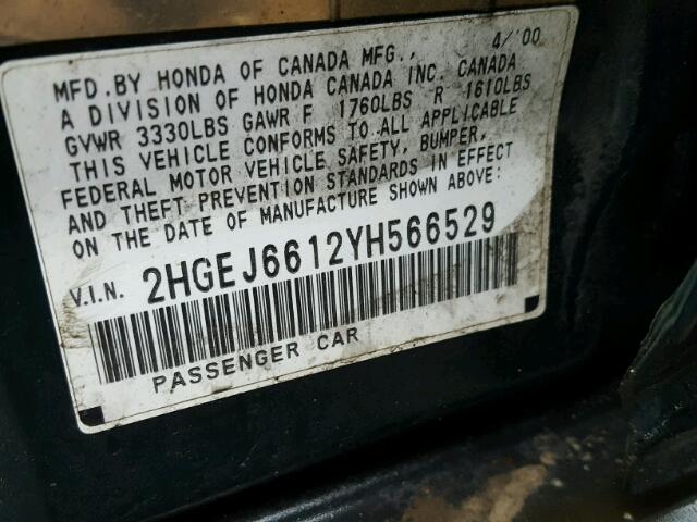 2HGEJ6612YH566529 - 2000 HONDA CIVIC BASE 绿色 照片 10