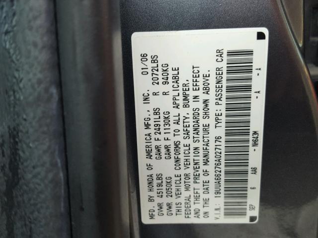 19UUA66276A027176 - 2006 ACURA 3.2TL GRAY photo 10