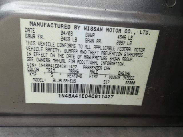 1N4BA41E04C811427 - 2004 NISSAN MAXIMA SE SILVER photo 10