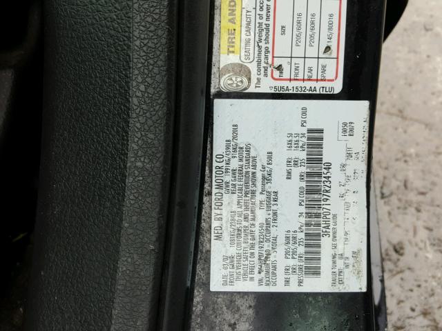 3FAHP07197R234540 - 2007 FORD FUSION SE BLACK photo 10