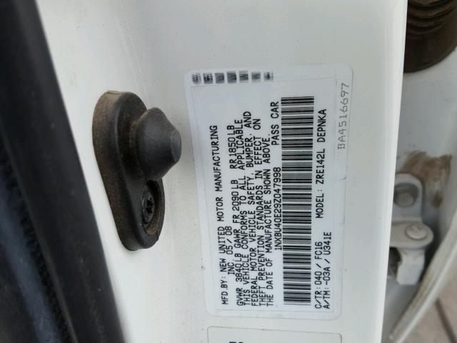 1NXBU40E29Z047998 - 2009 TOYOTA COROLLA BA WHITE photo 10