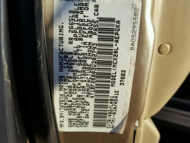 4T1BF28B03U302793 - 2003 TOYOTA AVALON XL GOLD photo 10