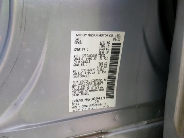 1N6BA0ED9AN309419 - 2010 NISSAN TITAN XE SILVER photo 10