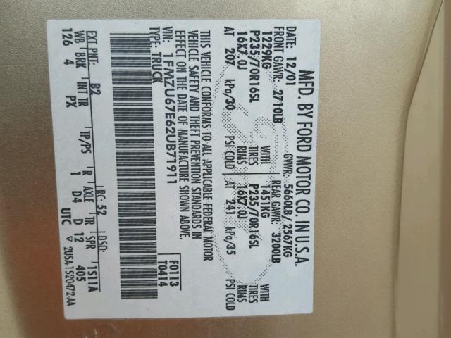 1FMZU67E62UB71911 - 2002 FORD EXPLORER S GOLD photo 10