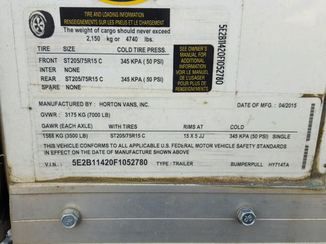 5E2B11420F1052780 - 2015 UTILITY TRAILER BLACK photo 10